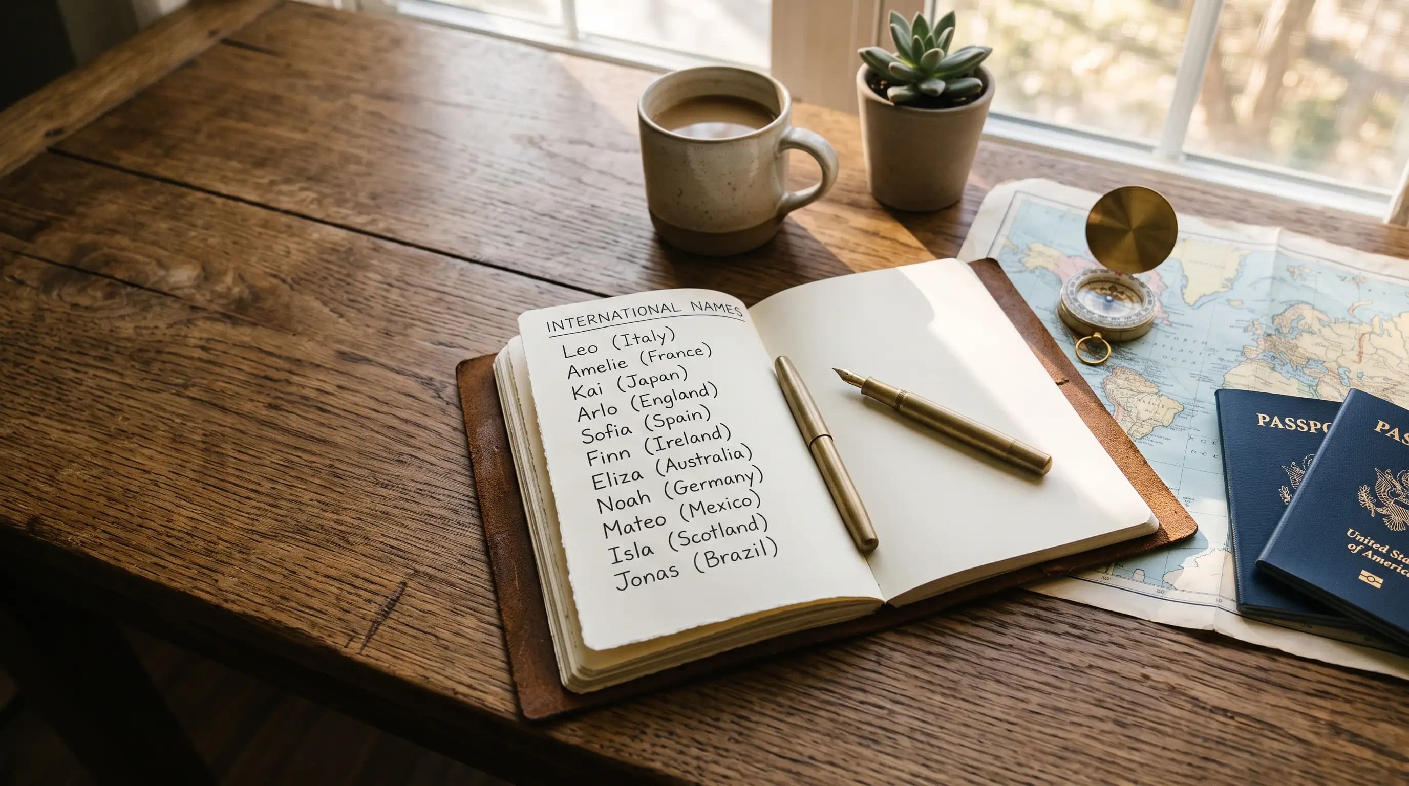 Open travel journal with handwritten baby names next to a compass and passports on a wooden desk.
