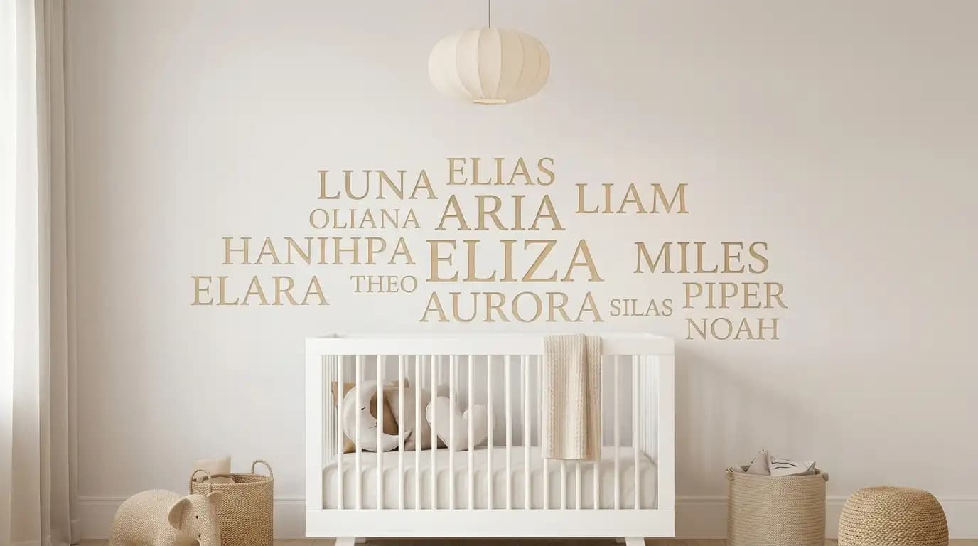 Tranquil nursery room with a crib and a wall cloud of popular baby names