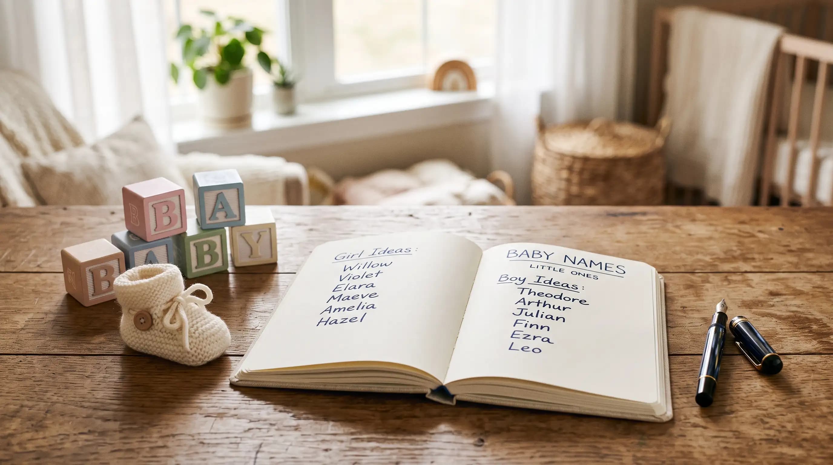 An open notebook with handwritten girl and boy baby name ideas, next to wooden baby blocks and knit booties