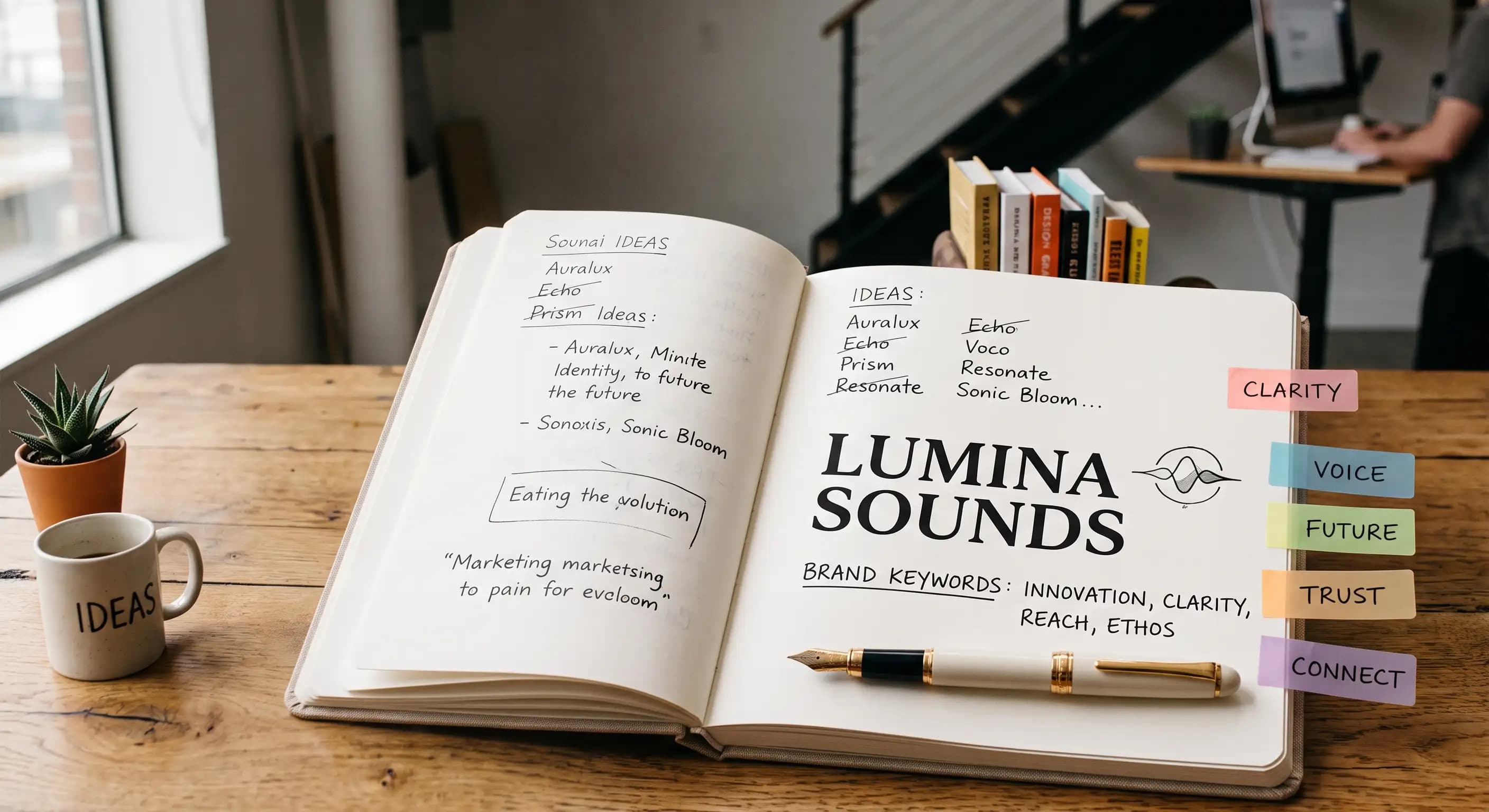 A notebook of brainstormed brand names, including Lumina Sounds, with sticky notes reading clarity, voice, future, trust, and connect