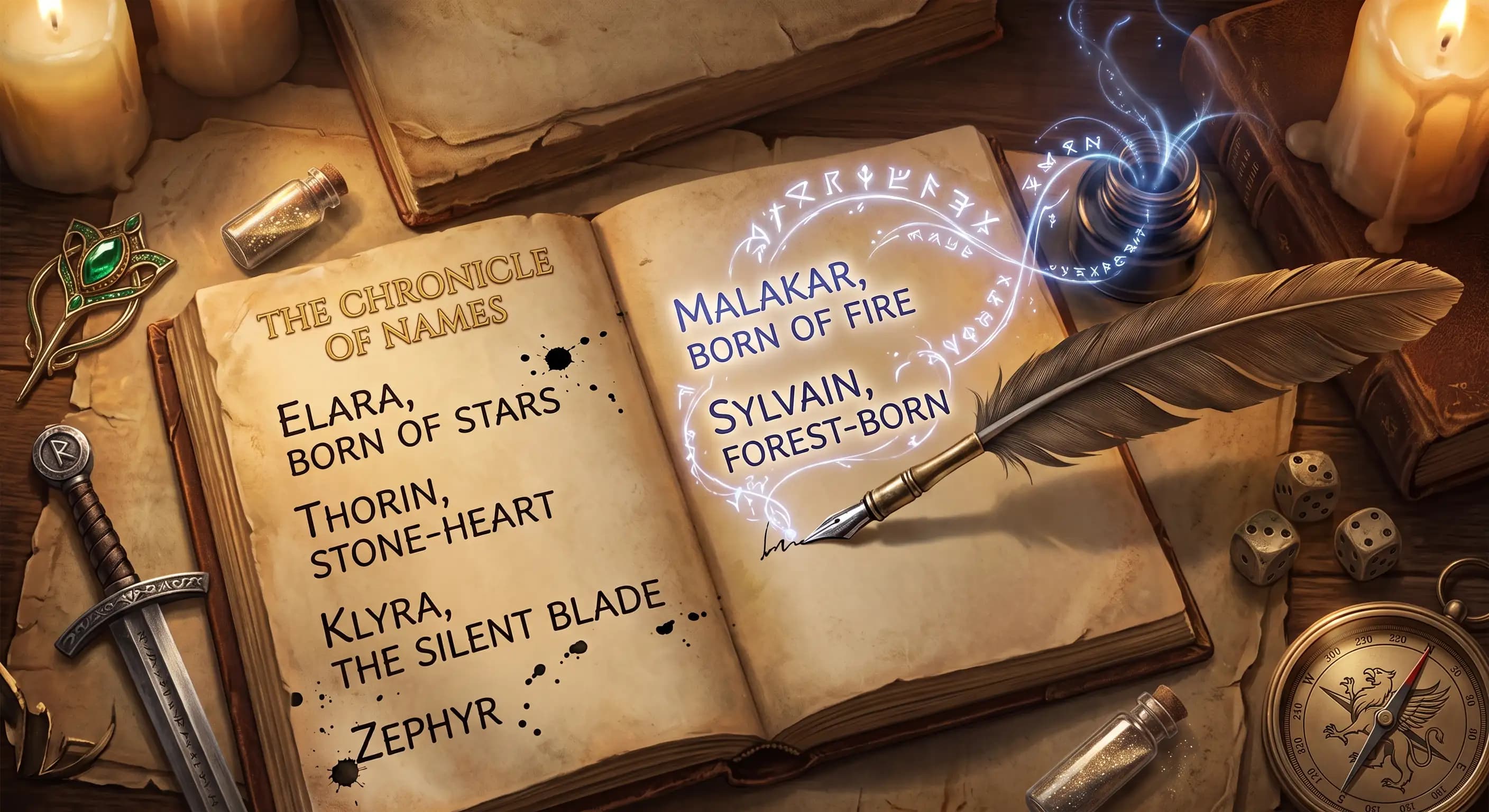 An open fantasy chronicle book listing character names such as Elara, Thorin, and Malakar beside a quill and glowing ink