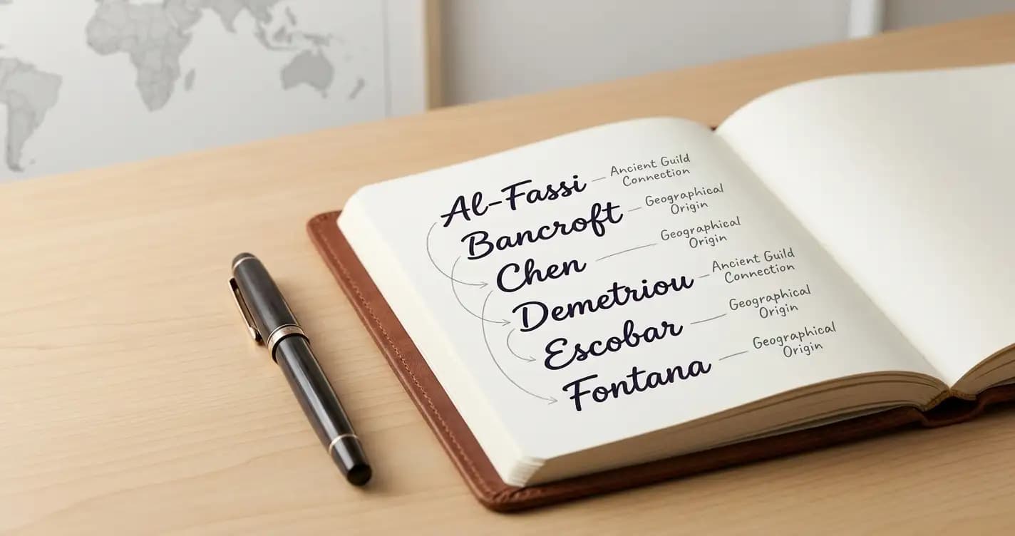 Leather-bound journal detailing family surnames and lineage origins next to a pen