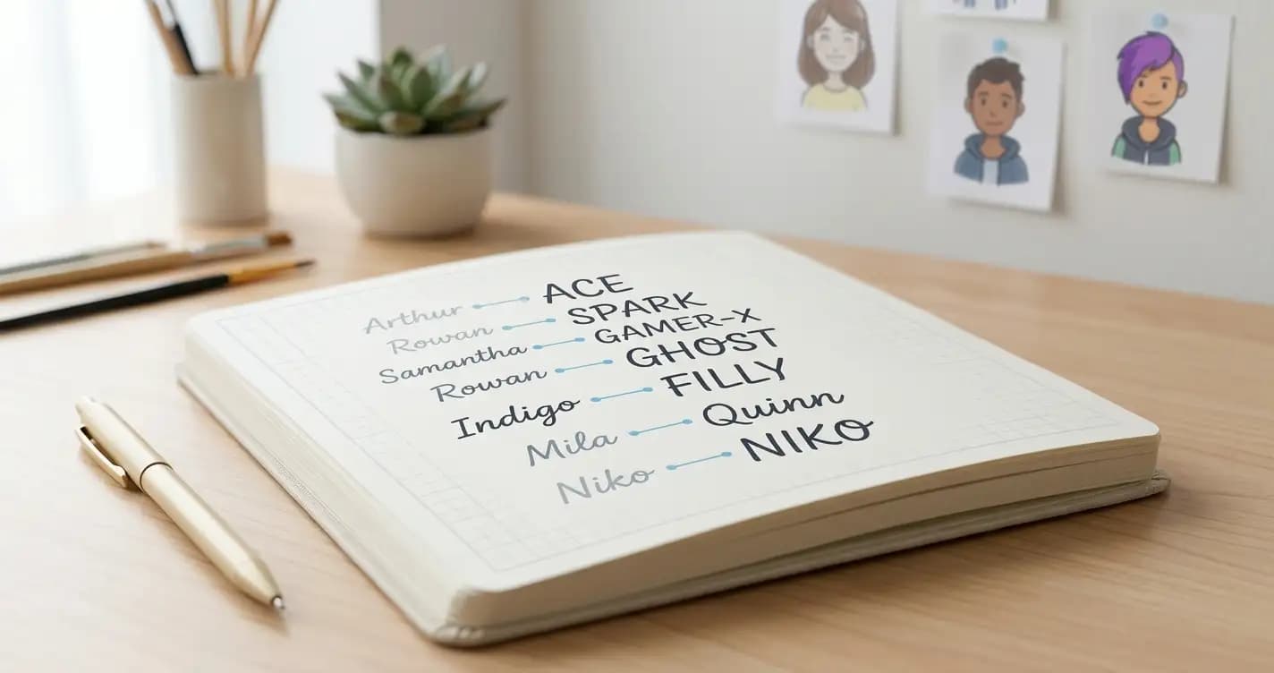 Notebook displaying connections between full names and playful nicknames beside small avatar sketches