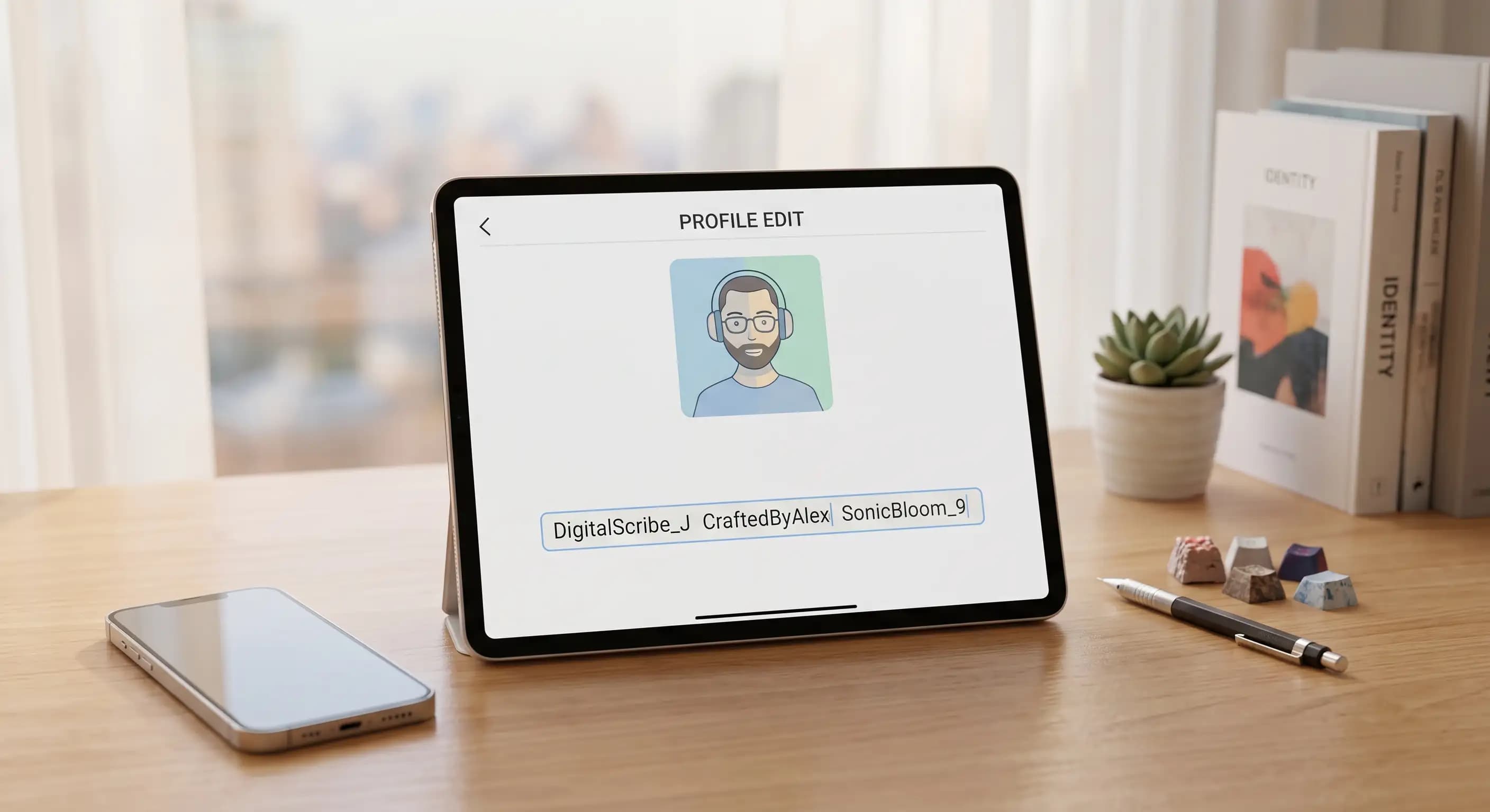 A tablet profile edit screen showing username suggestions including DigitalScribe_J, CraftedByAlex, and SonicBloom_9