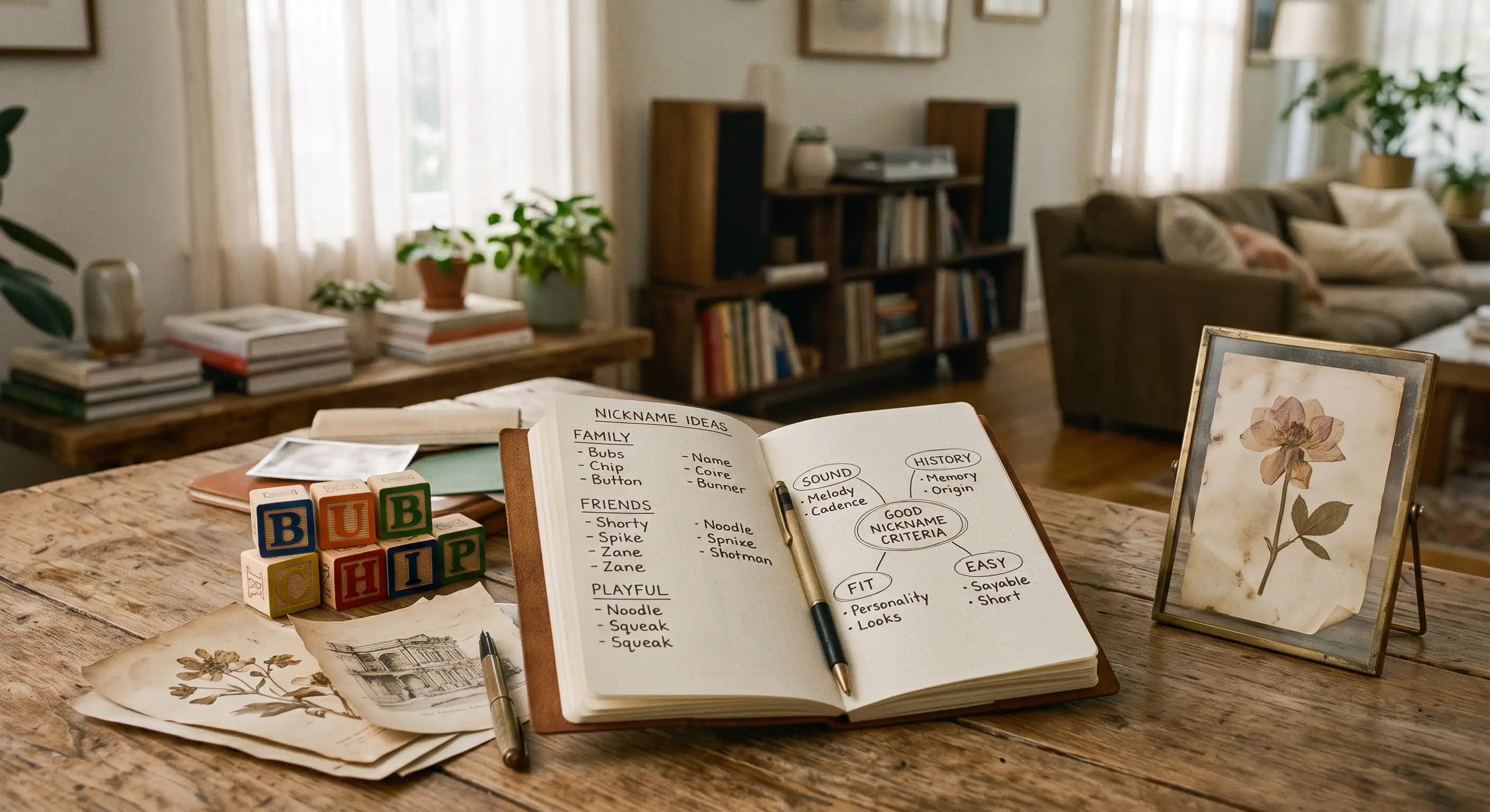 A notebook of nickname ideas sorted into family, friends, and playful categories, next to wooden letter blocks spelling Bub and Chip
